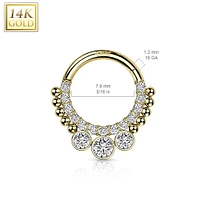 14KT Gold Beaded White CZ Bezel Center Hinged Septum Clicker Hoop