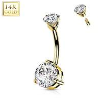 14KT Yellow Gold Clawed White Circle CZ Stud Belly Ring