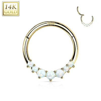 14KT Yellow Gold Dainty White Opal Hinged Septum Clicker Hoop
