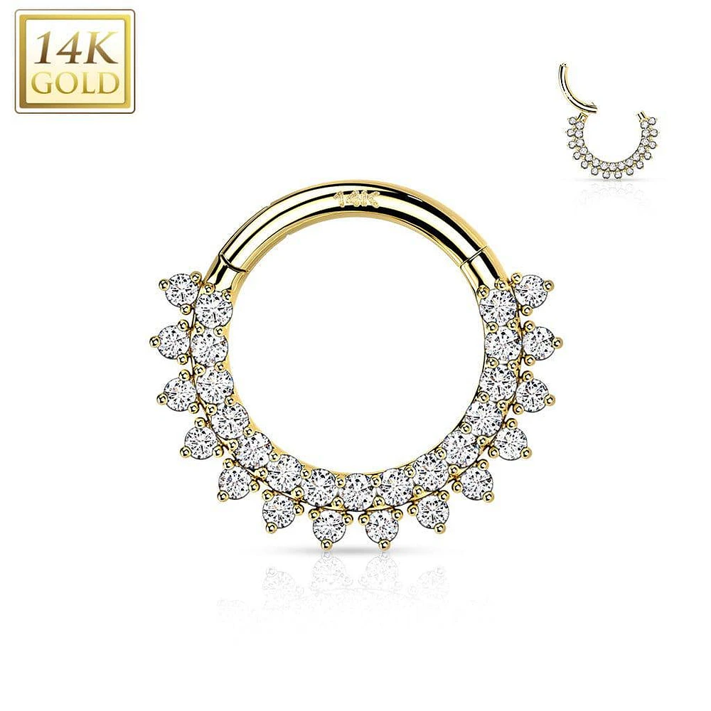 14KT Gold Double Layer Pave White CZ Hinged Septum Clicker Hoop