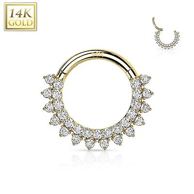 14KT Gold Double Layer Pave White CZ Hinged Septum Clicker Hoop