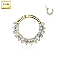 14KT Gold Double Layer Pave White CZ Hinged Septum Clicker Hoop