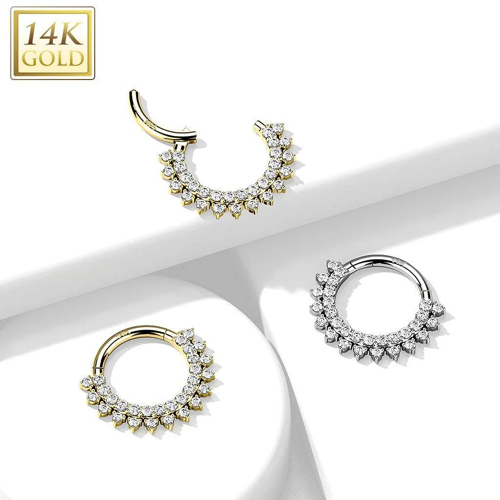 14KT Gold Double Layer Pave White CZ Hinged Septum Clicker Hoop