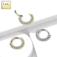 14KT Gold Double Layer Pave White CZ Hinged Septum Clicker Hoop