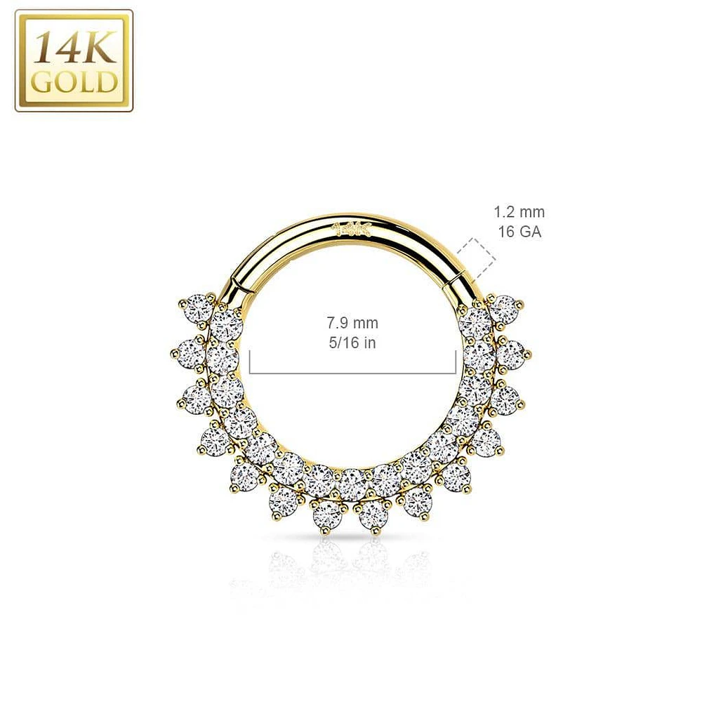 14KT Gold Double Layer Pave White CZ Hinged Septum Clicker Hoop