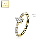 14KT Yellow Gold Pave White CZ Pear Shaped Center Hinged Clicker Hoop