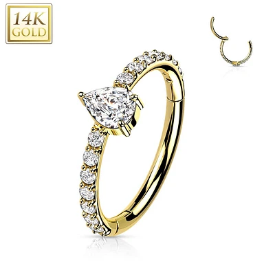 14KT Yellow Gold Pave White CZ Pear Shaped Center Hinged Clicker Hoop