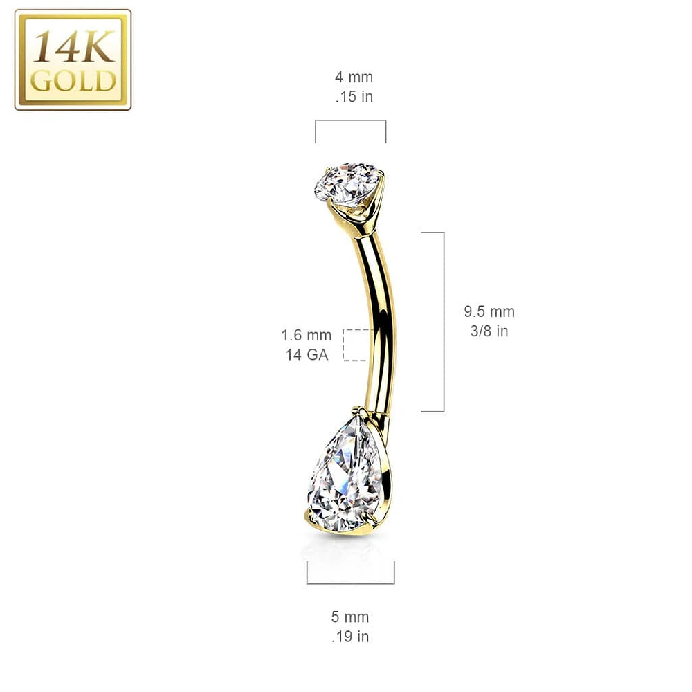 14KT Yellow Gold Pear Shaped White CZ Stud Belly Ring