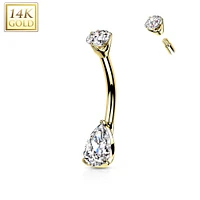 14KT Yellow Gold Pear Shaped White CZ Stud Belly Ring