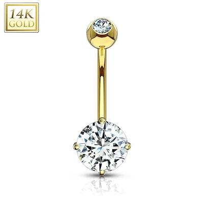 14KT Yellow Gold White Round Prong CZ Belly Button Ring