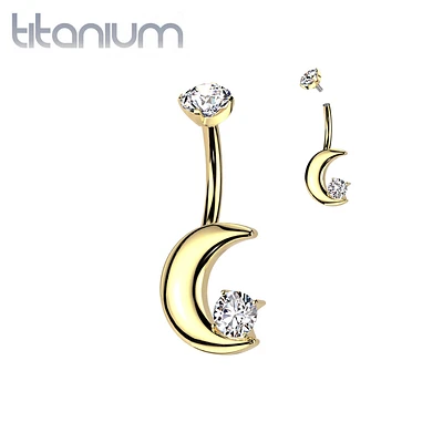 Implant Grade Titanium Gold PVD White CZ Crescent Moon Internally Threaded Belly Ring