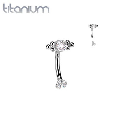 Implant Grade Titanium White CZ Bezel Boho Beaded Internally Threaded Curved Barbell