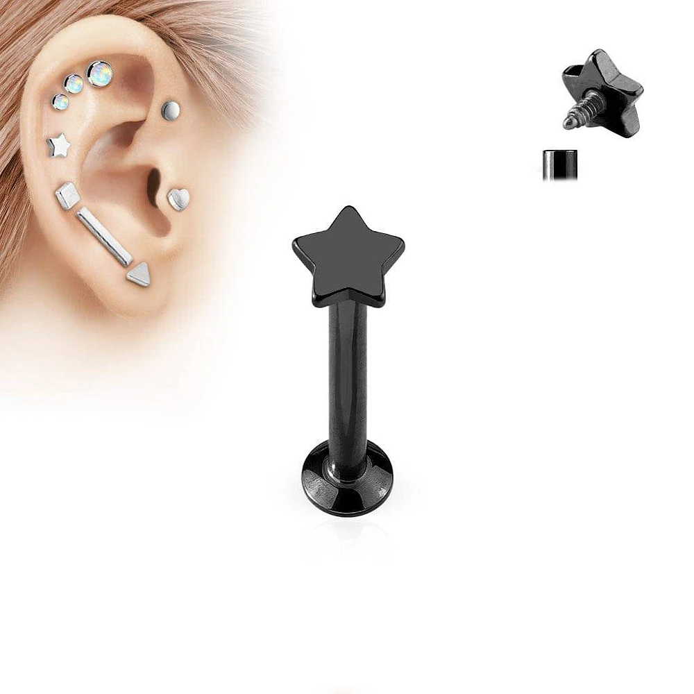 16ga black anodized surgical steel flat back internally threaded star labret monroe tragus cartilage ring