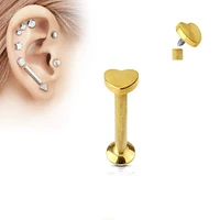 16ga Gold Plated Surgical Steel Flat Back Internally Threaded Heart Labret Monroe Tragus Cartilage Ring