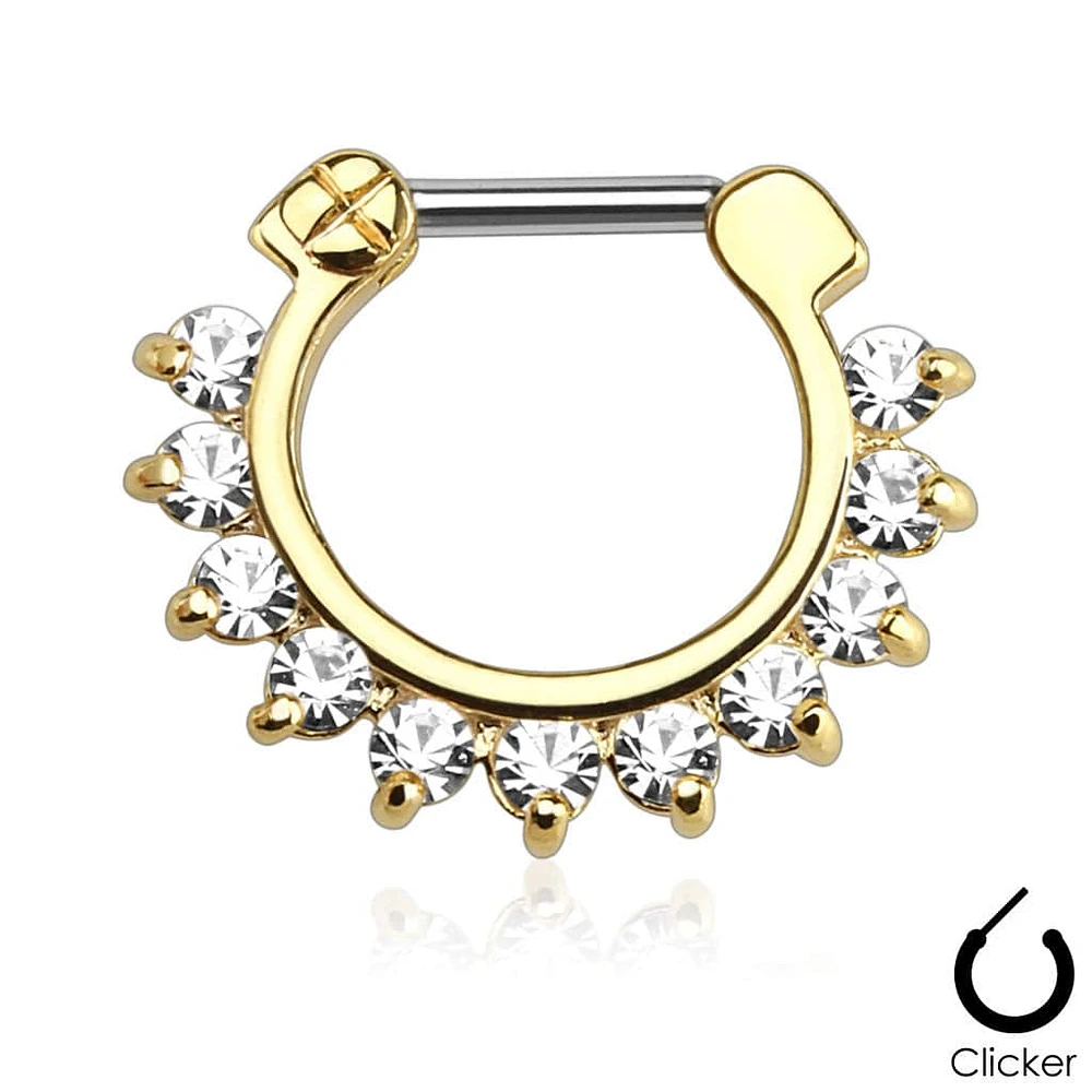 16GA Gold PVD Prong Set Single Line White CZ Gemmed 316L Surgical Steel Bar Septum Ring Clicker