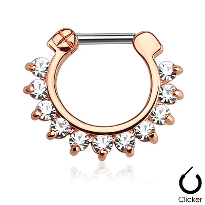 16GA Rose Gold Plated Prong Set Single Line CZ Gemmed 316L Surgical Steel Bar Septum Ring Clicker