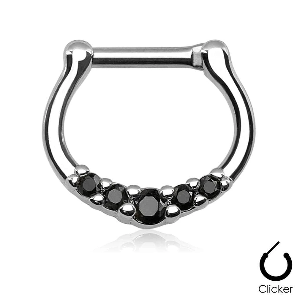 16ga Small All Black 5 Prong Set CZ Septum Ring 316L Surgical Steel Bar Clicker