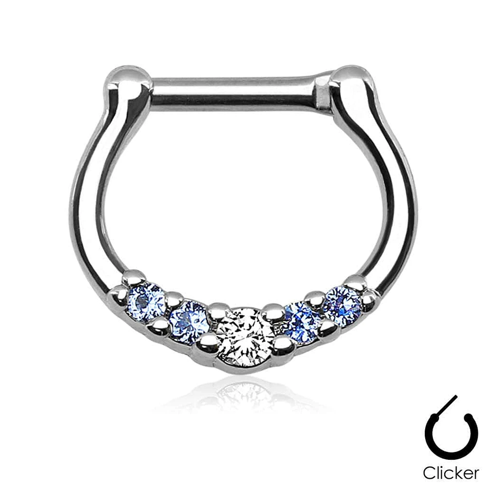 16ga Small White and Aqua 5 Prong Set CZ Septum Ring 316L Surgical Steel Bar Clicker