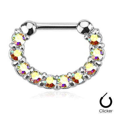 16ga Surgical Steel Bar 10 Gem Paved Aurora Borealis Nose Septum Clicker Ring Jewelry