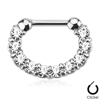 16ga Surgical Steel Bar 10 Gem Paved Clear White Nose Septum Clicker Ring Jewelry