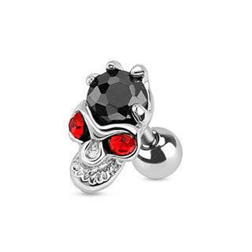 16ga Surgical Steel Black and Red Gem Skull Helix Ball Back Ear Barbell Ring