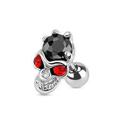 16ga Surgical Steel Black and Red Gem Skull Helix Ball Back Ear Barbell Ring