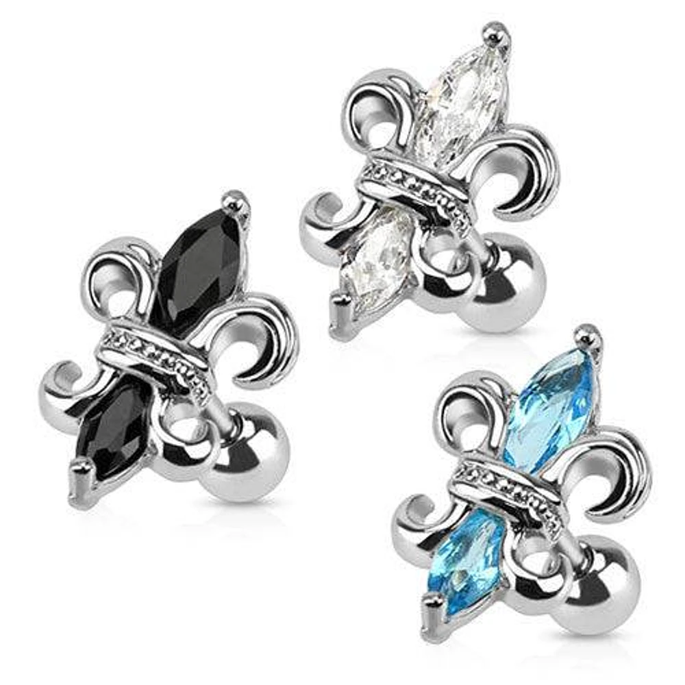 16ga Surgical Steel Fleur De Lis CZ Cartilage Helix Ball Back Ear Barbell Ring