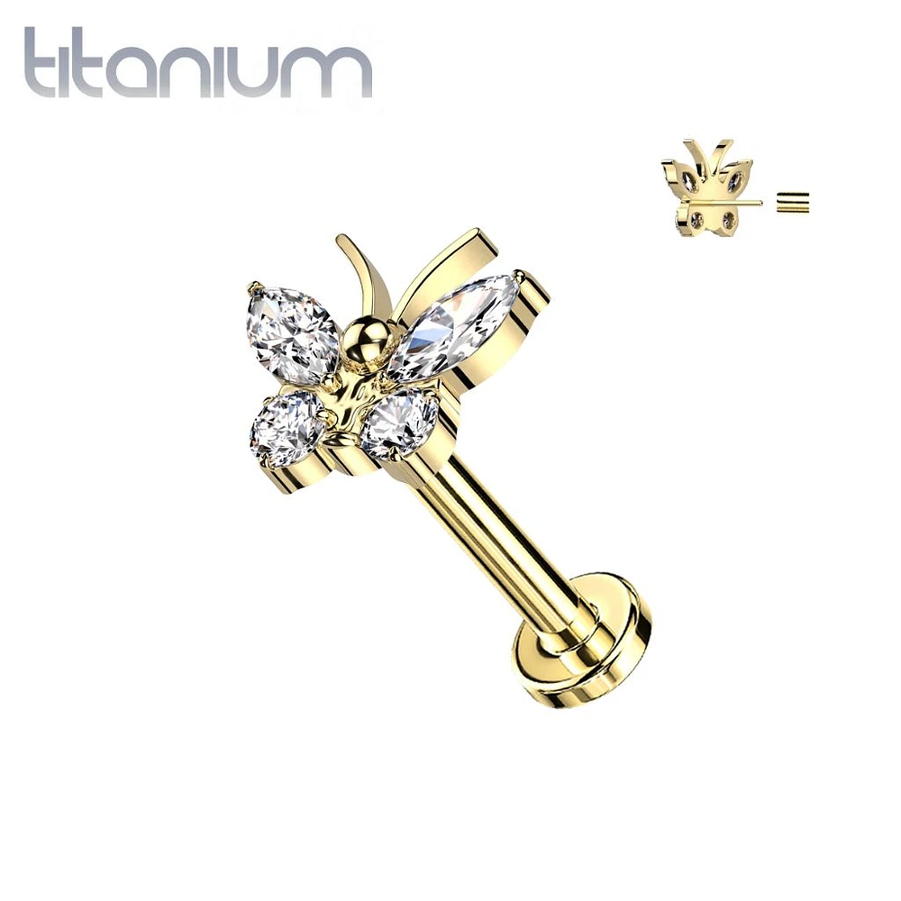 Implant Grade Titanium Gold PVD Large White CZ Gem Butterfly Threadless Push In Labret