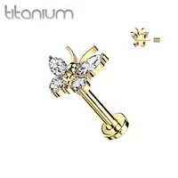 Implant Grade Titanium Gold PVD Large White CZ Gem Butterfly Threadless Push In Labret
