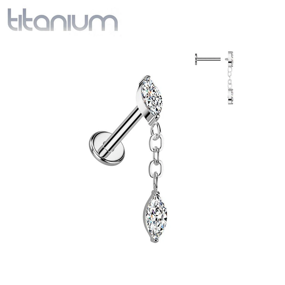 Implant Grade Titanium White CZ Marquise Gem Dangle Internally Threaded Labret