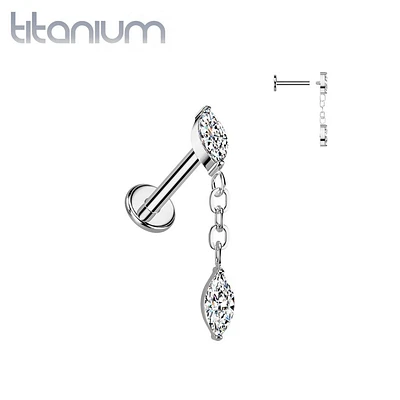 Implant Grade Titanium White CZ Marquise Gem Dangle Internally Threaded Labret