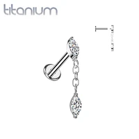 Implant Grade Titanium White CZ Marquise Gem Dangle Internally Threaded Labret