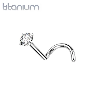 Implant Grade Titanium Corkscrew Nose Ring Stud with Prong White CZ Gem