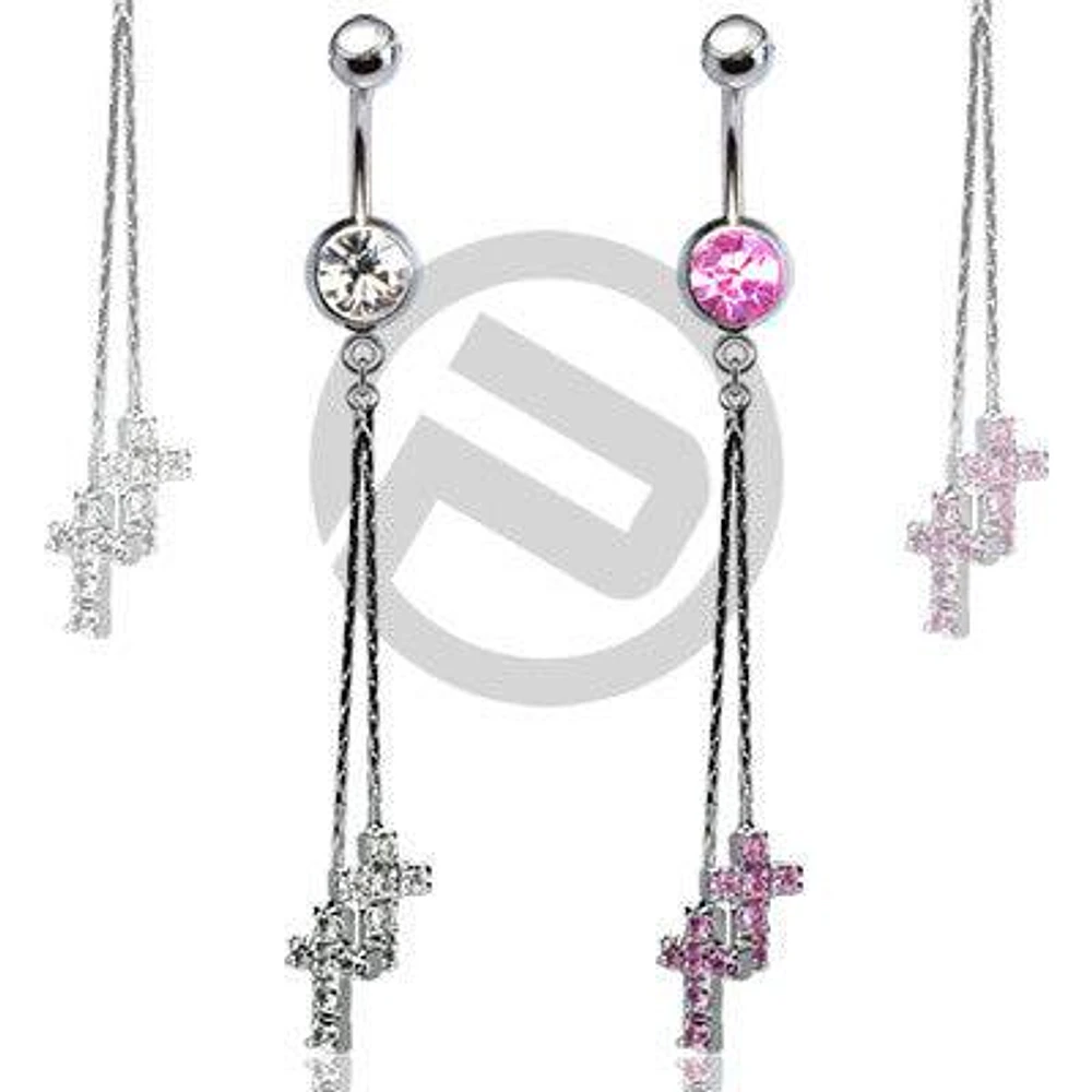 2 Dangle Religious Cross CZ Drop Belly Button Navel Ring