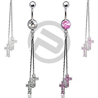 2 Dangle Religious Cross CZ Drop Belly Button Navel Ring