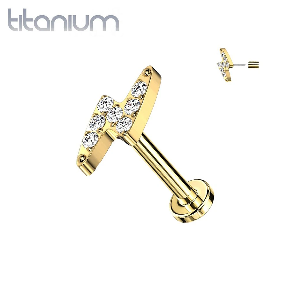 Implant Grade Titanium Gold PVD White CZ Lightning Bolt Top Threadless Push In Labret