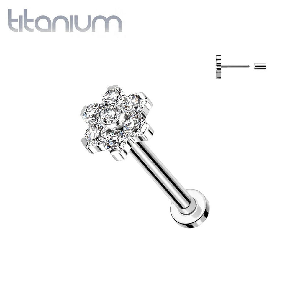 Implant Grade Titanium Threadless Push In Tragus/Cartilage CZ Flower With Flat Back