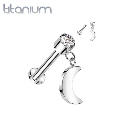 Implant Grade Titanium White CZ Crescent Moon Dangle Flat Back Labret