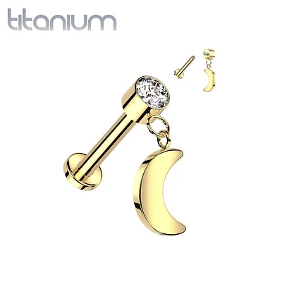 Implant Grade Titanium Gold PVD White CZ Crescent Moon Dangle Flat Back Labret