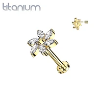 Implant Grade Titanium Gold PVD White CZ Marquise Flower Threadless Push In Labret