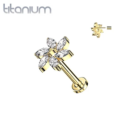 Implant Grade Titanium Gold PVD White CZ Marquise Flower Threadless Push In Labret