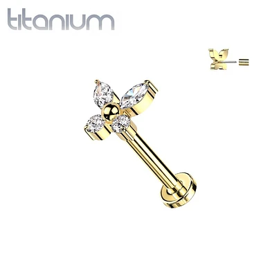 Implant Grade Titanium Gold PVD Dainty White CZ Gem Butterfly Threadless Push In Labret