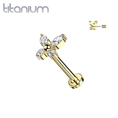 Implant Grade Titanium Gold PVD Dainty White CZ Gem Butterfly Threadless Push In Labret