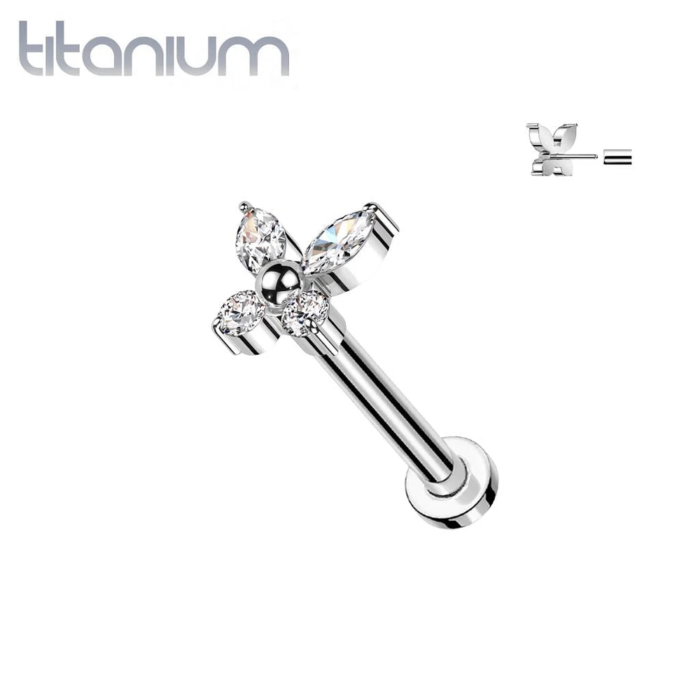 Implant Grade Titanium Dainty White CZ Butterfly Threadless Push In Labret