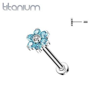 Implant Grade Titanium Threadless Push In Nose Ring Aqua CZ Flower With Flat Back