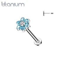 Implant Grade Titanium Threadless Push In Tragus/Cartilage Aqua CZ Flower With Flat Back