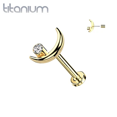 Implant Grade Titanium Gold PVD Crescent Moon White CZ Bezel Gem Threadless Push In Labret