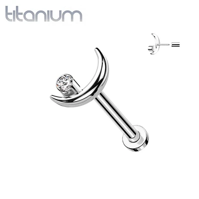 Implant Grade Titanium Crescent Moon White CZ Bezel Gem Threadless Push In Labret