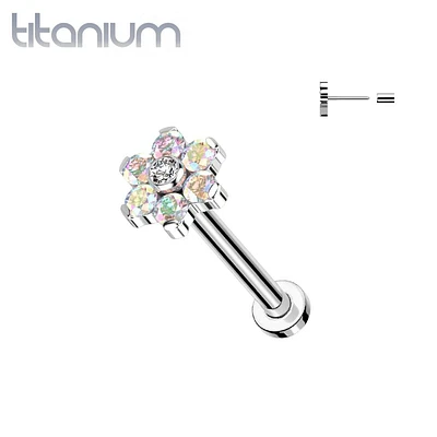 Implant Grade Titanium Threadless Push In Nose Rings Aurora Borealis CZ Flower With Flat Back