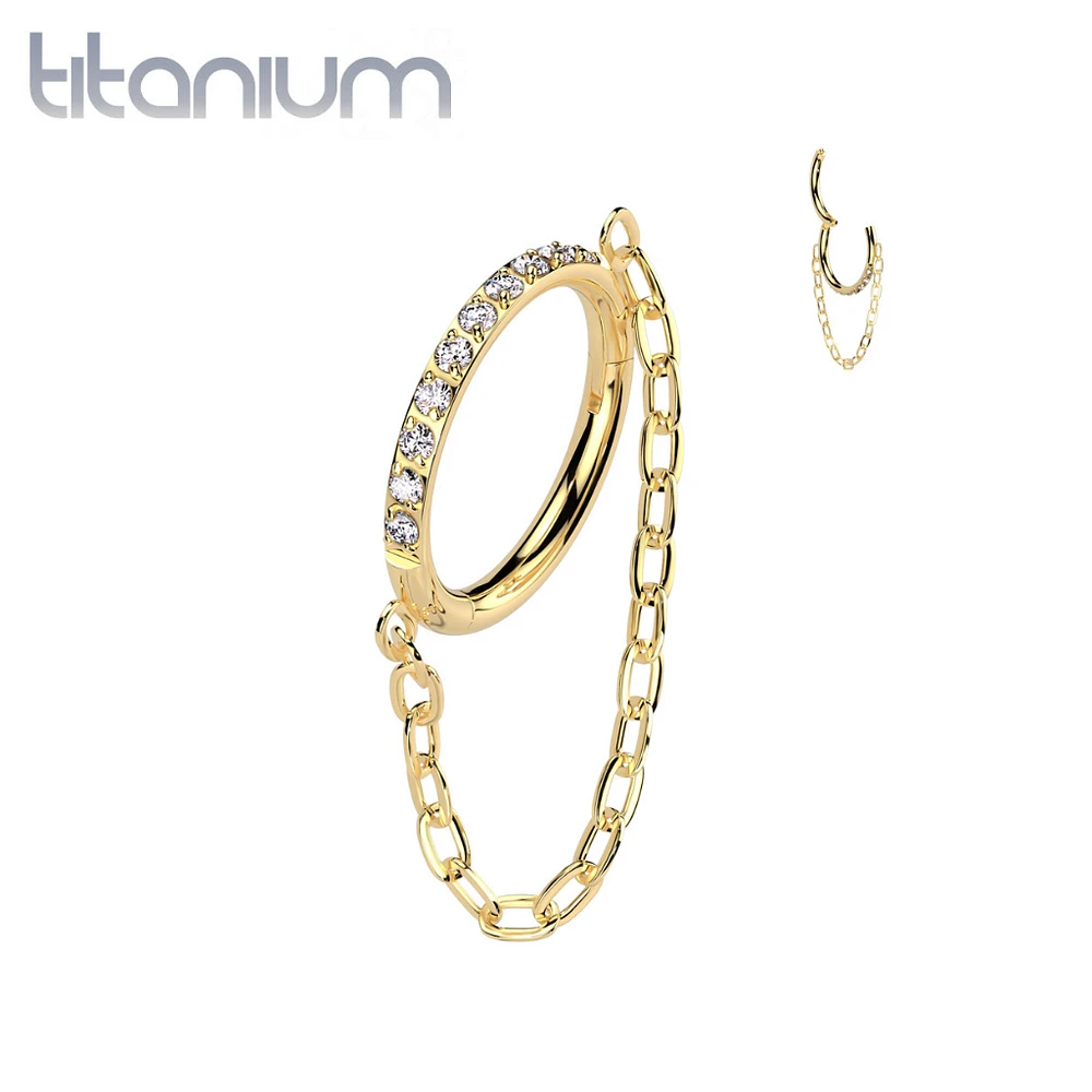 Implant Grade Titanium Gold PVD White CZ Pave Chain Dangle Hinged Clicked Hoop